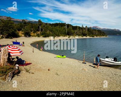 Beach at Futalaufquen Lake, Camping Agreste Rosales Bay, Los Alerces National Park, Chubut Province, Argentina Stock Photo