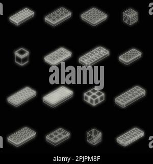 Ice cube trays icons set. Isometric set of ice cube trays vector icons neon color on black Stock Vector