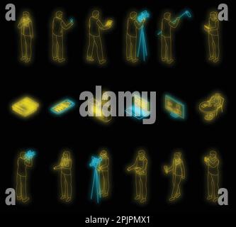 Reportage icons set. Isometric set of reportage vector icons neon color on black Stock Vector
