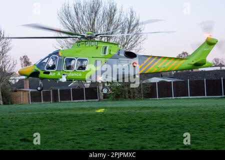 Brentwood, UK. 03rd Apr, 2023. Brentwood Essex 3rd Apr.2023 The Essex and Herts Air Ambulance helicopter (G-PICU Leonardo AW169) was called to assist with a medical emergency in Brentwood Essex Credit: Ian Davidson/Alamy Live News Stock Photo