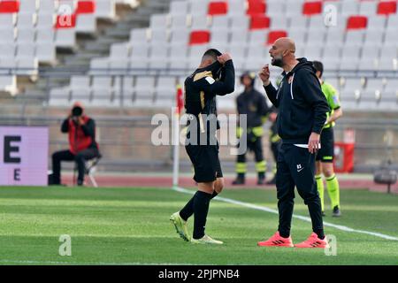 San Nicola stadium, Bari, Italy, April 01, 2023, Gennaro Acampora  (Benevento Calcio) and coach Roberto Stellone (Benevento Calcio)  during  SSC Bari Stock Photo