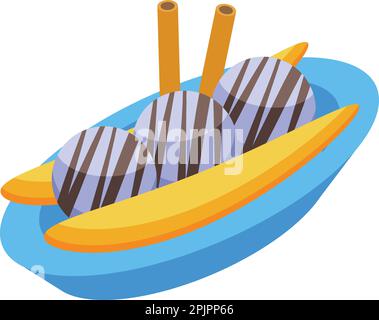 Snack banana split icon isometric vector. Cherry cream. Ice food Stock Vector
