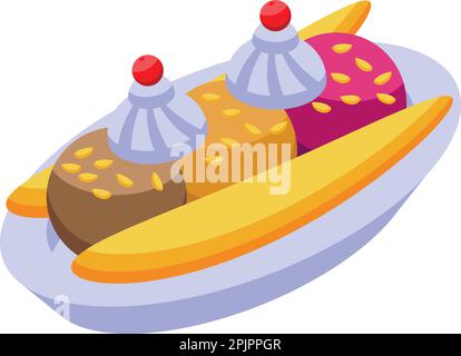 Banana split food icon isometric vector. Cherry cream. Ice bowl Stock Vector