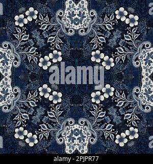 Retro indigo floral bandana 2 tone patterned fabric background. Seamless boho denim blue design. Fashion masculine wall paper.  Stock Photo