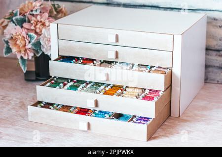 Beautiful box for threads with compartments. Beautiful colored threads in a box Stock Photo