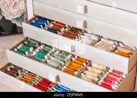 Beautiful box for threads with compartments. Beautiful colored threads in a box Stock Photo