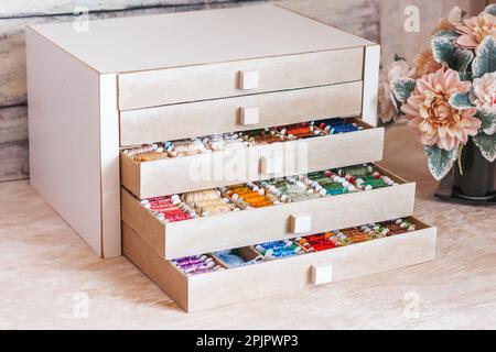 Beautiful box for threads with compartments. Beautiful colored threads in a box Stock Photo