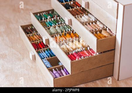 Beautiful box for threads with compartments. Beautiful colored threads in a box Stock Photo