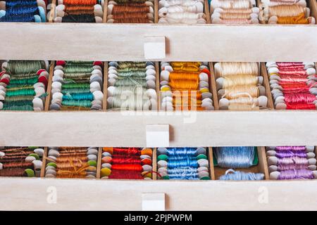 Beautiful box for threads with compartments. Beautiful colored threads in a box Stock Photo