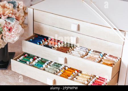 Beautiful box for threads with compartments. Beautiful colored threads in a box Stock Photo