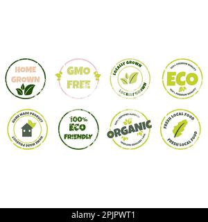 Set of eco, bio, organic and natural products sticker, logo, label, badge, icon. Vector illustration of textured grunge circle stamp, healthy food Stock Vector