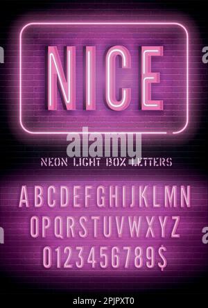 Lovely night box light extra glow font with numbers. Nice sign with pink narrow neon alphabet on dark brick wall background. Vector illustration Stock Vector