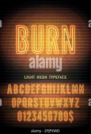 Bright night light extra glow font with numbers. Burn sign with yellow orange bold narrow neon alphabet on dark brick wall background. Vector illustration Stock Vector