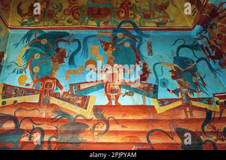 Mayan fresco mural painting in room 3 of the temple of murals in the Maya city of Bonampak, Chiapas, Mexico. Stock Photo