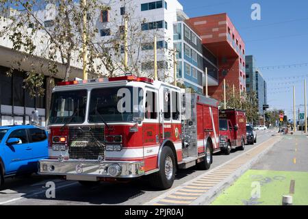 Santa Monica, California, USA. 25th Mar, 2023. A Santa Monica Fire Department fire engine operating on an EMS run at Colorado Avenue and 4th Street responding to a medical emergency on the LA Metro Expo line.Santa Monica Beach is a popular attraction in California with over 3 miles of wide sandy beach, perfect for swimming, sunbathing, surfing, and beach volleyball. The beach is surrounded by palm trees, the famous Santa Monica Pier, bike rentals, and plenty of dining options with breathtaking sunset views.Real estate, California politics, Southern California, Gavin Newsom, Bass, Stock Photo