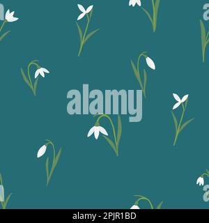 Seamless pattern with snowdrops spring flowers on green background, vector illustration Stock Vector