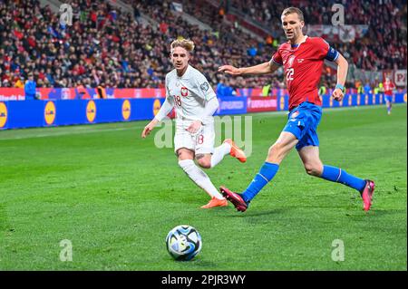 PRAGUE, CZECH REPUBLIC - MARCH 24, 2023: Qualifications for UEFA Euro 2024. Match Czech Republic - Poland 3:1. In action Michal Skoras (L) Tomas Souce Stock Photo