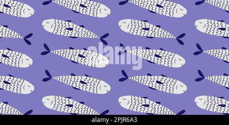 Seamless pattern with hand drawn blue fish. Doodle, simple illustration. It can be used for decoration of textile, paper and other surfaces. Vector Stock Vector
