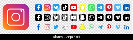 Popular social media logos. Facebook,instagram, twitter, tiktok, youtube, snapchat, whatsapp, telegram and others. Editorial isolated on transparent b Stock Vector