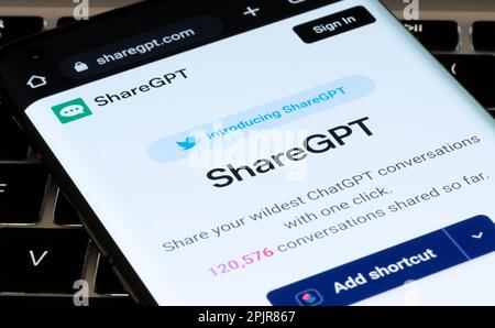 ShareGPT platform for sharing ChatGPT converations seen on screen of smartphone. Concept. Stafford, United Kingdom, April 3, 2023 Stock Photo