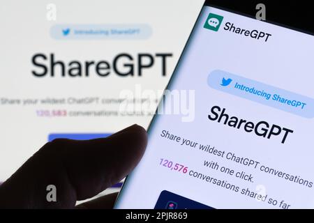 ShareGPT platform for sharing ChatGPT converations seen on screen of smartphone. Concept. Stafford, United Kingdom, April 3, 2023 Stock Photo