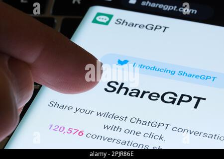 ShareGPT platform for sharing ChatGPT converations seen on screen of smartphone. Concept. Stafford, United Kingdom, April 3, 2023 Stock Photo