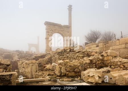Remained honorific arched gate and Corinthian column in Sagalassos Stock Photo