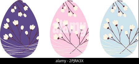 Set of 3 Easter eggs with pattern of cherry branches entangled with thin threads in trendy soft shades purple, pink and blue. Sticker. icon. Isolate. Design for poster, banner, brochures or greeting. Stock Vector
