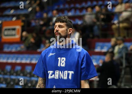 Saint Petersburg, Russia. 03rd Apr, 2023. Adrien Moerman (No.18) of Zenit St Petersburg seen before the VTB United League basketball match, Second stage, between Zenit St Petersburg and MBA Moscow at Sibur Arena. Final score; Zenit 87:60 MBA. (Photo by Maksim Konstantinov/SOPA Images/Sipa USA) Credit: Sipa USA/Alamy Live News Stock Photo