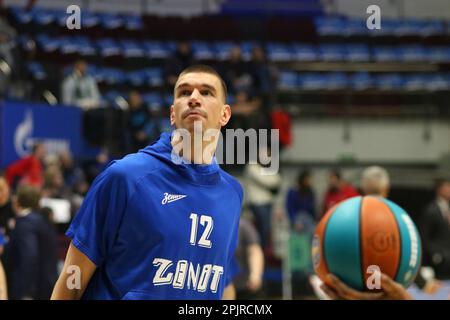 Saint Petersburg, Russia. 03rd Apr, 2023. Artem Klimenko (No.12) of Zenit St Petersburg seen before the VTB United League basketball match, Second stage, between Zenit St Petersburg and MBA Moscow at Sibur Arena. Final score; Zenit 87:60 MBA. (Photo by Maksim Konstantinov/SOPA Images/Sipa USA) Credit: Sipa USA/Alamy Live News Stock Photo