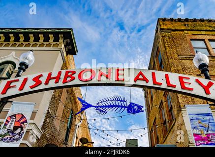 Fishbone Alley is pictured, April 2, 2023, in Gulfport, Mississippi. The brick alley is filled with graffiti and art by local artists. Stock Photo