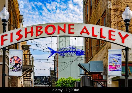 Fishbone Alley is pictured, April 2, 2023, in Gulfport, Mississippi. The brick alley is filled with graffiti and art by local artists. Stock Photo