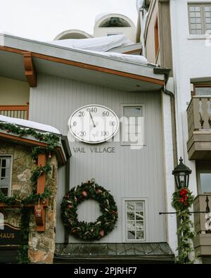 Thermometer and Vail Village sign, Vail, Colorado Stock Photo