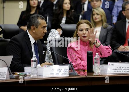 Mexico City, Mexico. 03rd Apr, 2023. April 3, 2023, Mexico City, Mexico: Electoral advisors Jorge Montaño and Carla Humphrey at the session of the National Electoral Institute in Mexico City. on April 3, 2023 in Mexico City, Mexico (Photo by Luis Barron/Eyepix Group/Sipa USA). Credit: Sipa USA/Alamy Live News Stock Photo