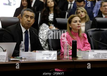 Mexico City, Mexico. 03rd Apr, 2023. April 3, 2023, Mexico City, Mexico: Councilors Jorge Montaño and Carla Humphrey at the agency's session at the National Electoral Institute in Mexico City. on April 3, 2023 in Mexico City, Mexico (Photo by Luis Barron/Eyepix Group/Sipa USA). Credit: Sipa USA/Alamy Live News Stock Photo