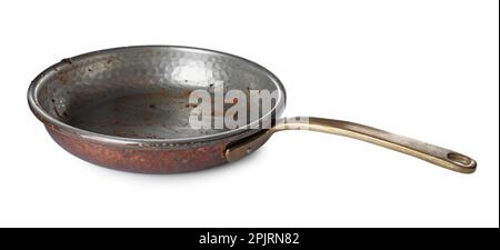 Dirty old frying pan isolated on white Stock Photo