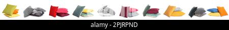 Set with different stylish decorative pillows on white background. Banner design Stock Photo