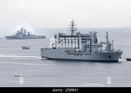 Kanagawa Prefecture, Japan - June 05, 2012: Indian Navy INS Shakti (A57), Deepak-class fleet tanker and INS Rana (D52), Rajput-class  destroyer. Stock Photo