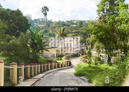 Puente Nacional, Santander, Colombia, Nov 21, 2023: rural road and an exterior view of the Agua Blanca Country Hotel, a place to stay for family relax Stock Photo