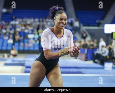 April 1, 2023: Amara Cunningham smiles after finishing her floor ...