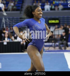 UCLA's Chae Campbell performs her floor routine during the team's NCAA ...