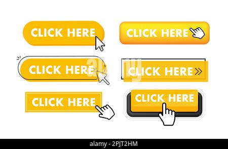 Set of click here button. Hand pointer clicking. Click here web buttons Stock Vector