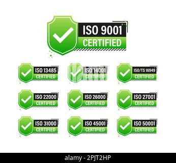 ISO certified set stamp and labels. Quality management system certified Stock Vector