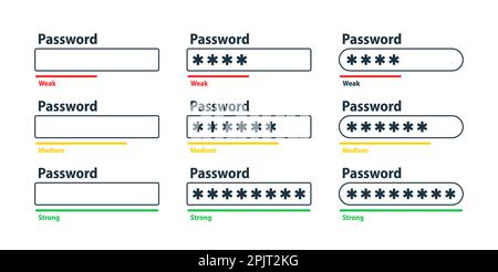 Password weak, medium and strong. User data protection. Safety requirement. Password complexity level Stock Vector