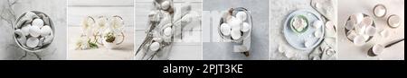 Collage of white chicken eggs on light background Stock Photo