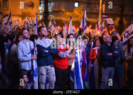 Tel Aviv, Israel. 01st Apr, 2023. Protesters listen to speeches during the demonstration. Israelites against Netanyahu's far-right government and its controversial legal reform. Credit: SOPA Images Limited/Alamy Live News Stock Photo