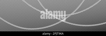 Realistic silver chains hanging isolated on transparent background. Vector illustration of necklace with thin platinum metal links. Vintage fashion accessory. Jewelry sale banner design element Stock Vector