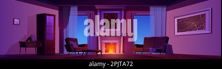 Night vintage living room with burning fireplace cartoon illustration. Dark luxury interior with armchair and sofa in hotel apartment. Front view game lounge scene with marble picture and wood table. Stock Vector