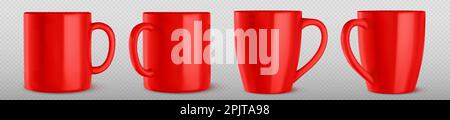 Realistic set of red mug mockups isolated on transparent background. Vector illustration of big ceramic cups with handles for drinking beverages, hot tea or coffee at home or in office. Place for branding Stock Vector