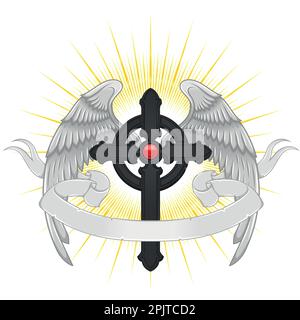 Vector design of winged cross with ribbon, heavenly cross with wings, Christian symbology of paradise Stock Vector